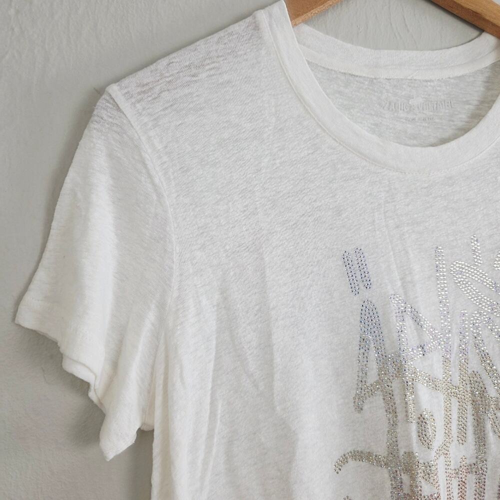 NEW Zadig & Voltaire Azedi Jormi Strass Crystal Linen Blend T-Shirt White Large - Picture 7 of 14